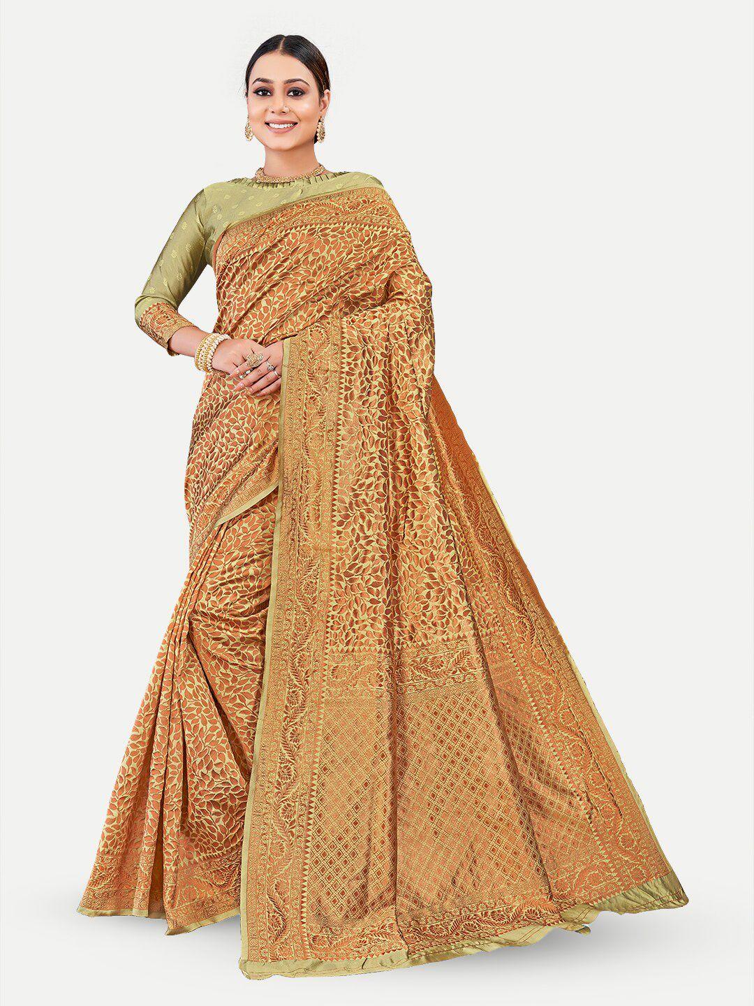 tavas brown & green woven design zari pure georgette banarasi saree