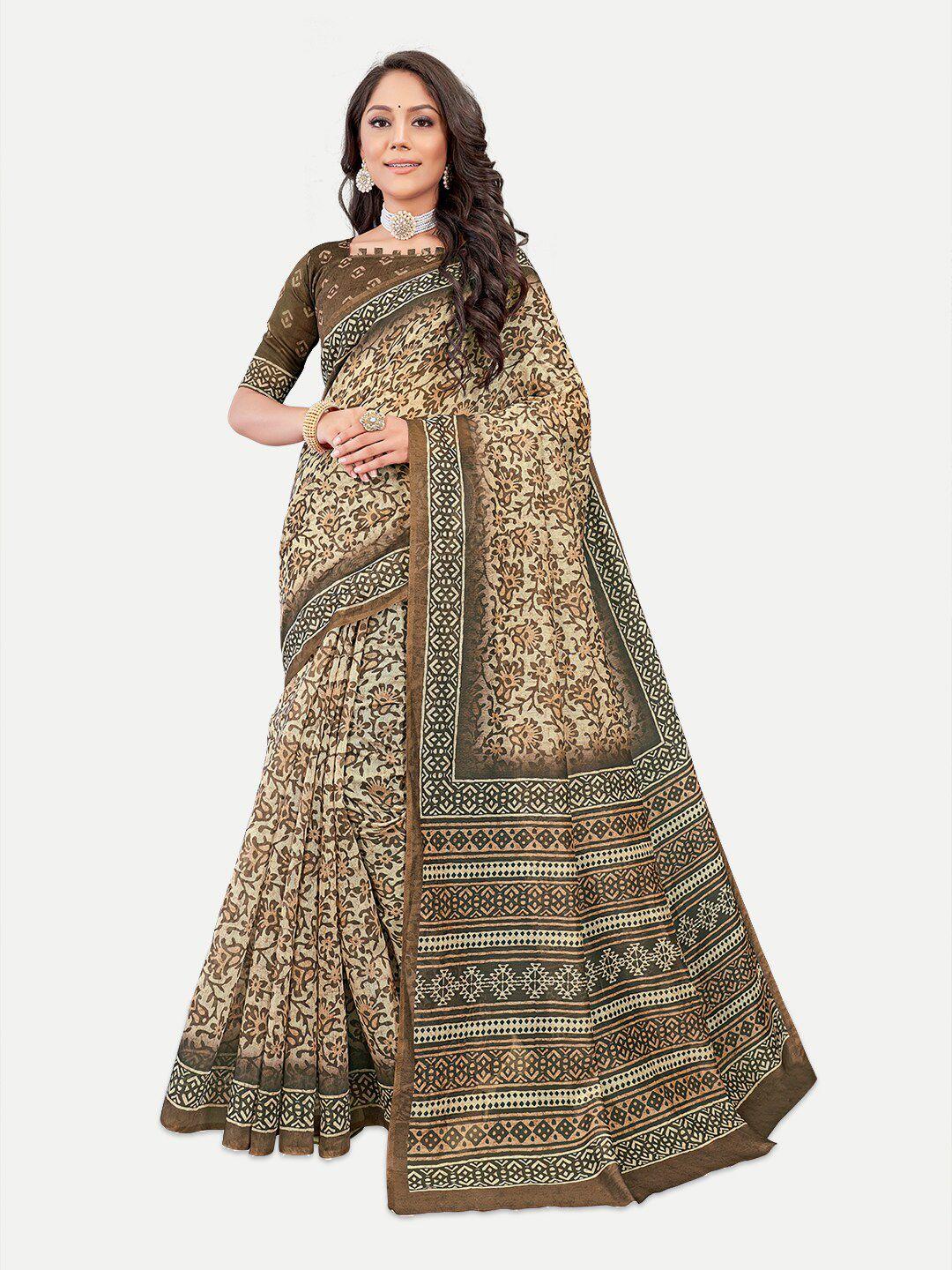 tavas coffee brown & white floral silk blend chanderi saree