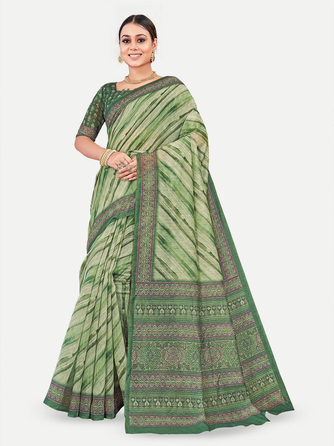 tavas green & pink striped silk blend chanderi saree