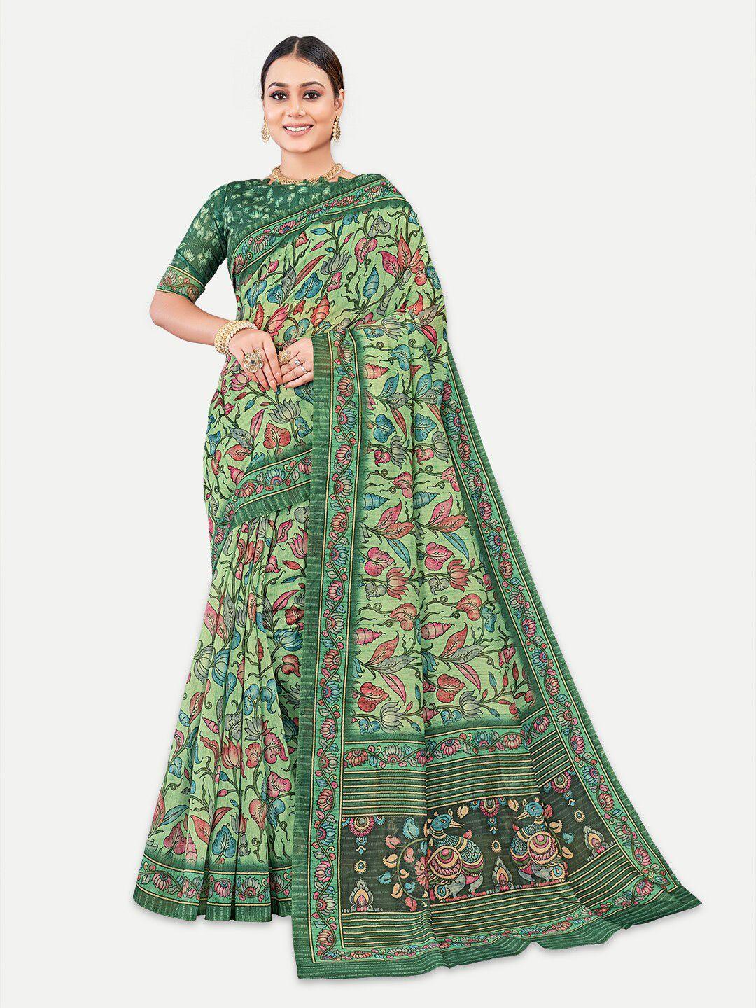 tavas green & red kalamkari silk blend chanderi saree