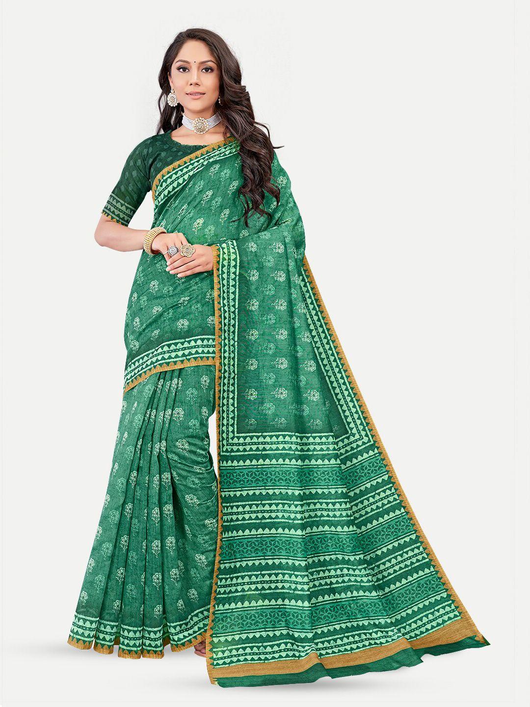 tavas green & white floral silk blend chanderi saree