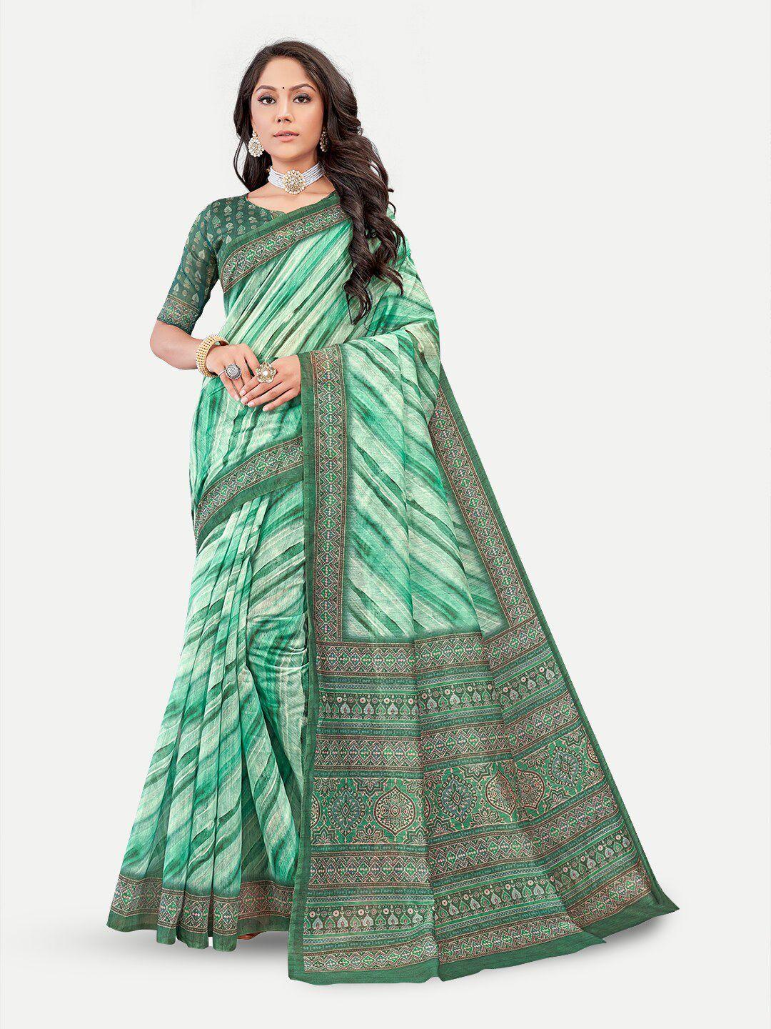 tavas green & white striped silk blend chanderi saree