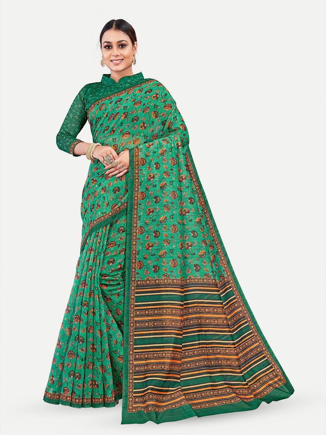 tavas green & yellow floral silk blend chanderi saree