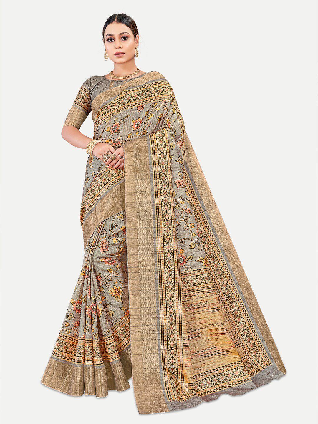 tavas grey & orange floral silk blend kota saree