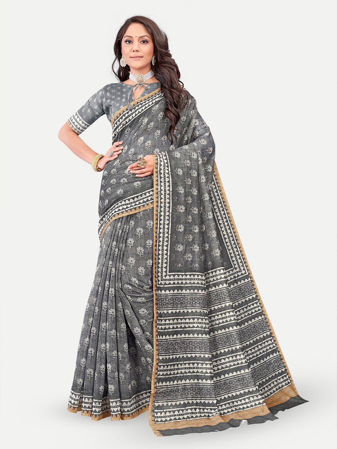 tavas grey & white ethnic motifs silk blend chanderi saree