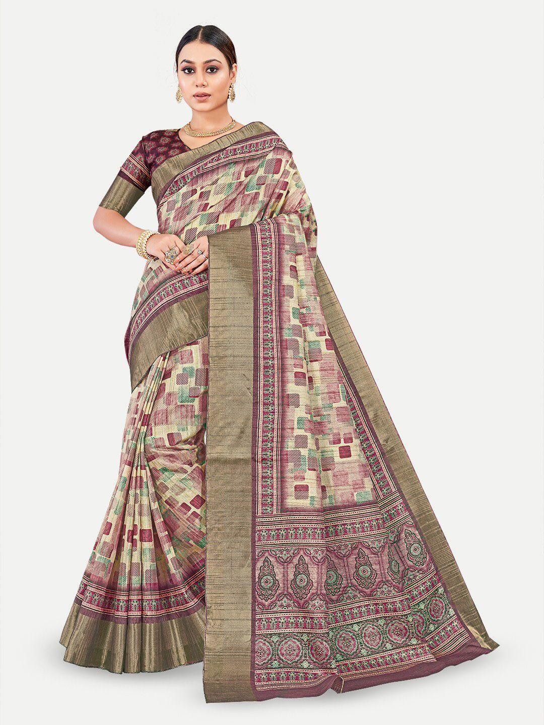 tavas magenta & gold-toned zari silk blend kota saree