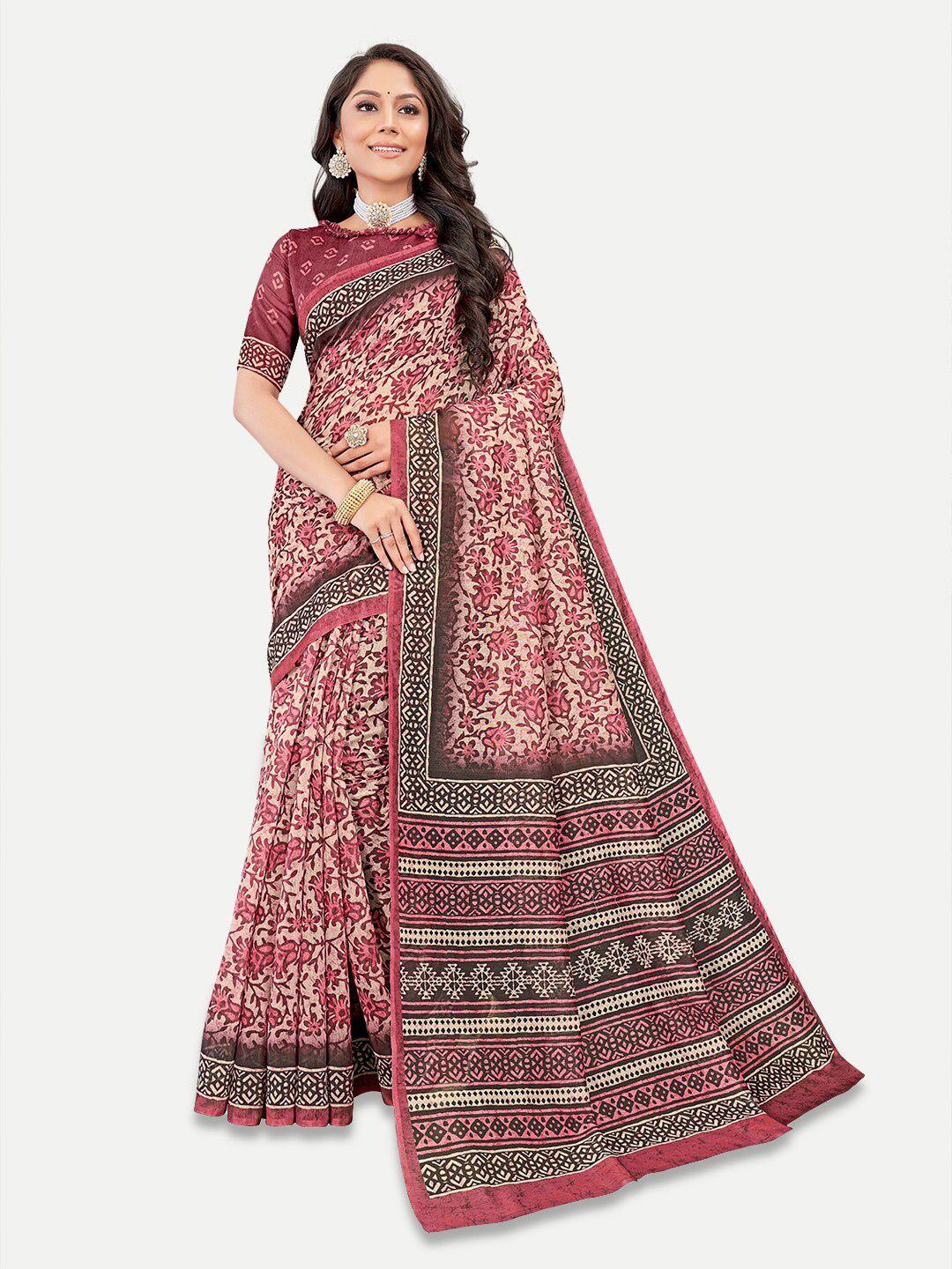 tavas maroon & black floral silk blend chanderi saree