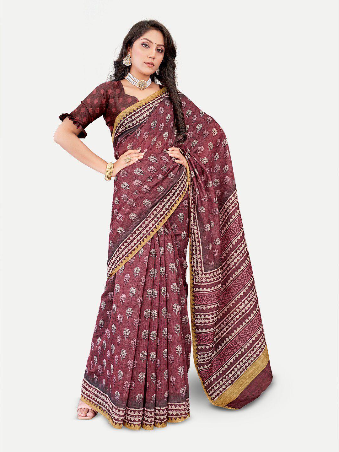 tavas maroon & white floral silk blend chanderi saree