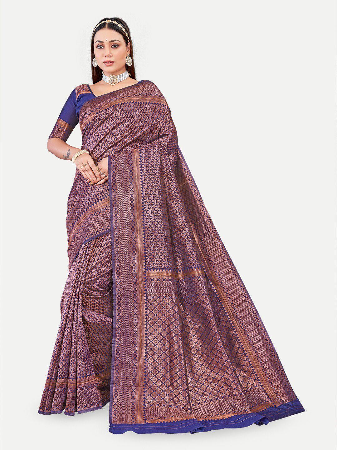 tavas navy blue & gold-toned woven design zari pure georgette heavy work banarasi saree