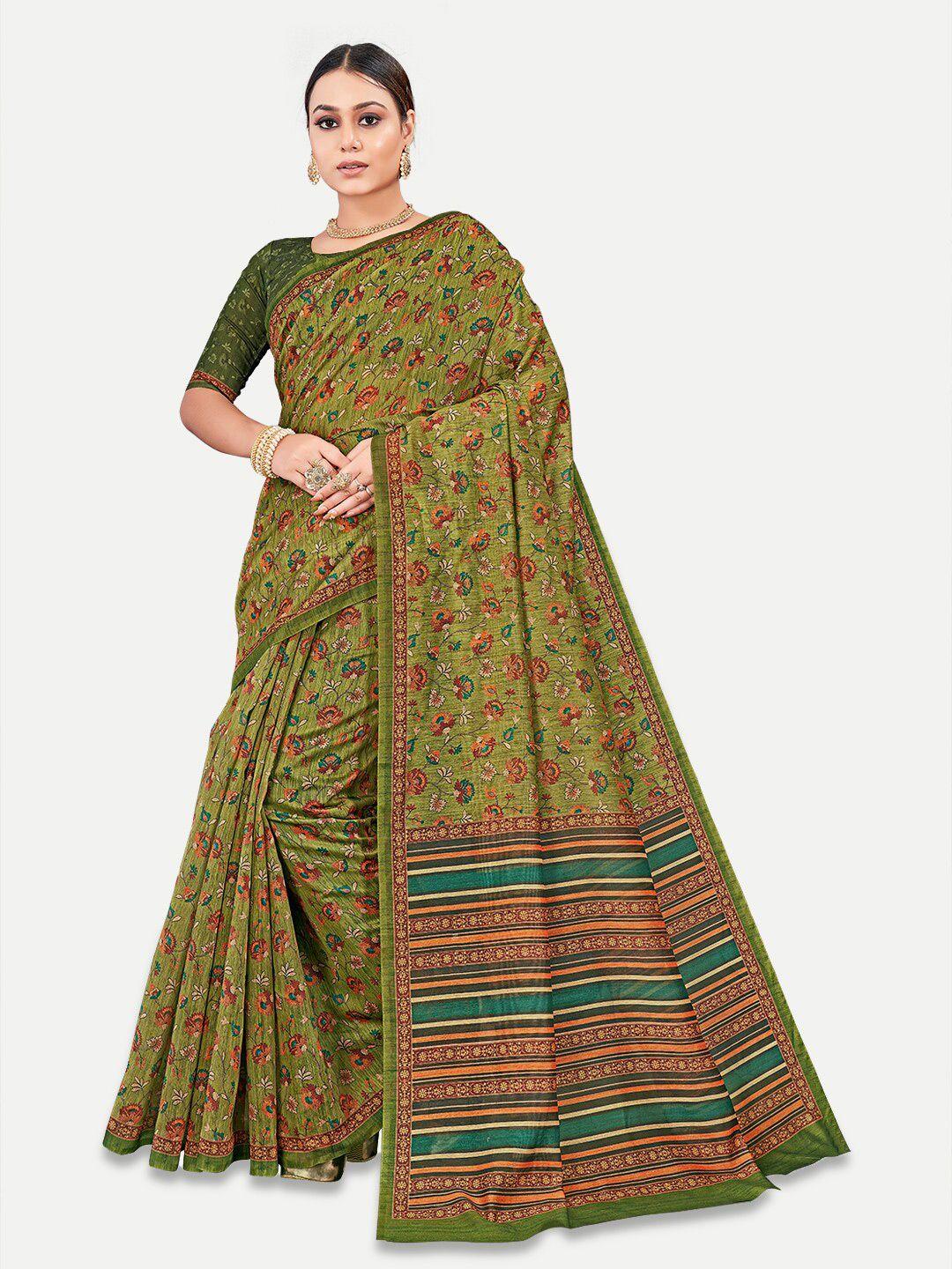 tavas olive green & orange floral silk blend chanderi saree