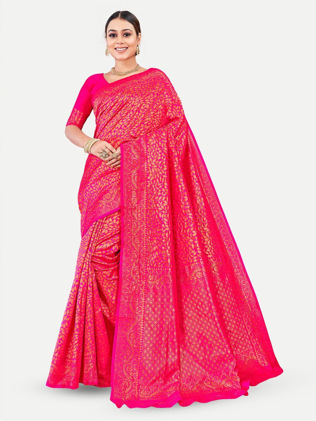 tavas pink & gold-toned woven design zari pure georgette banarasi saree