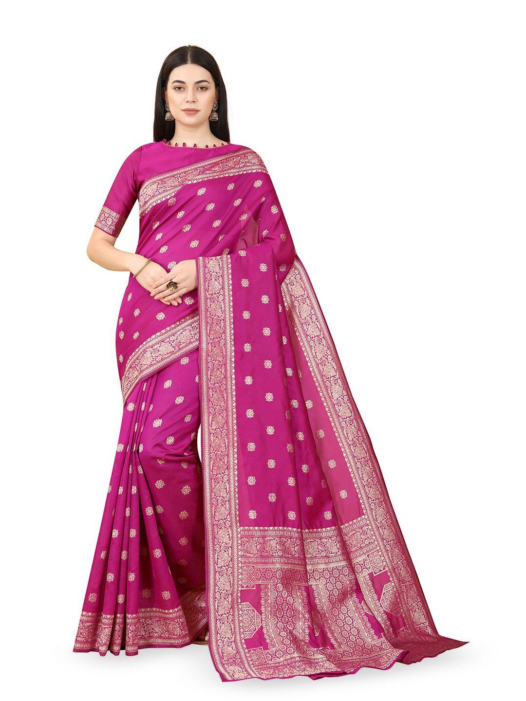 tavas pink & gold-toned woven design zari pure georgette banarasi saree