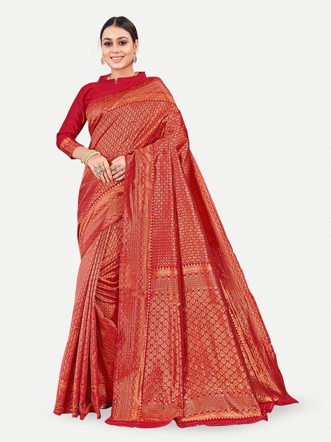 tavas red & gold-toned woven design zari pure georgette banarasi saree