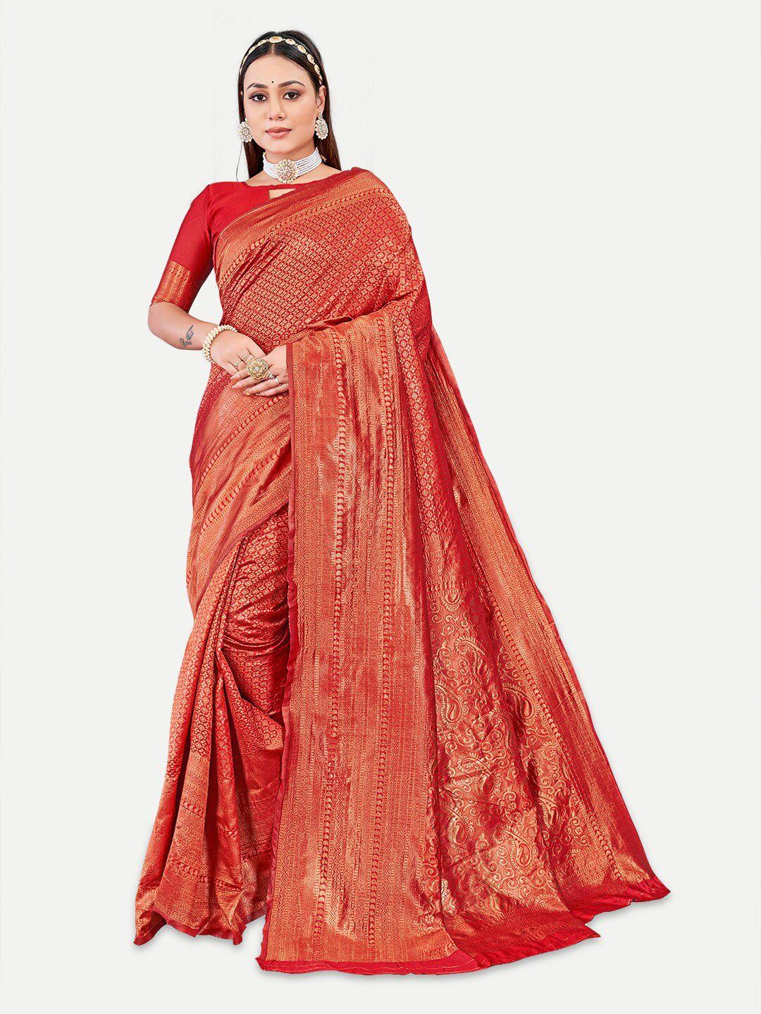 tavas red & gold-toned woven design zari pure georgette banarasi saree