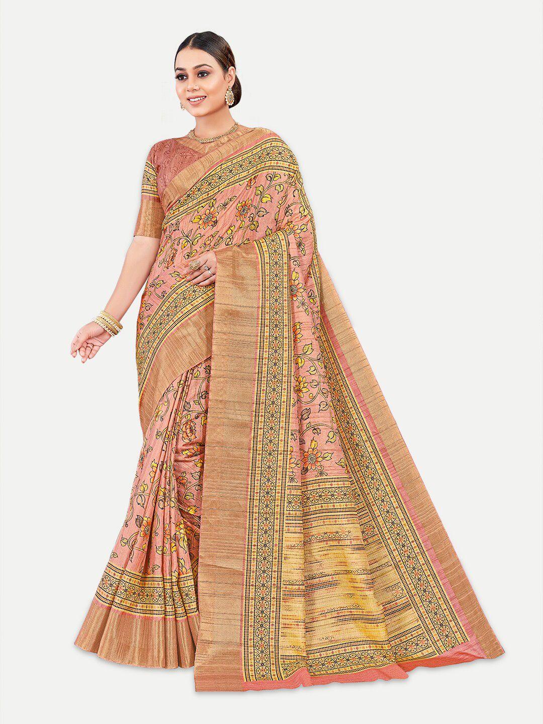 tavas rust & yellow floral silk blend kota saree