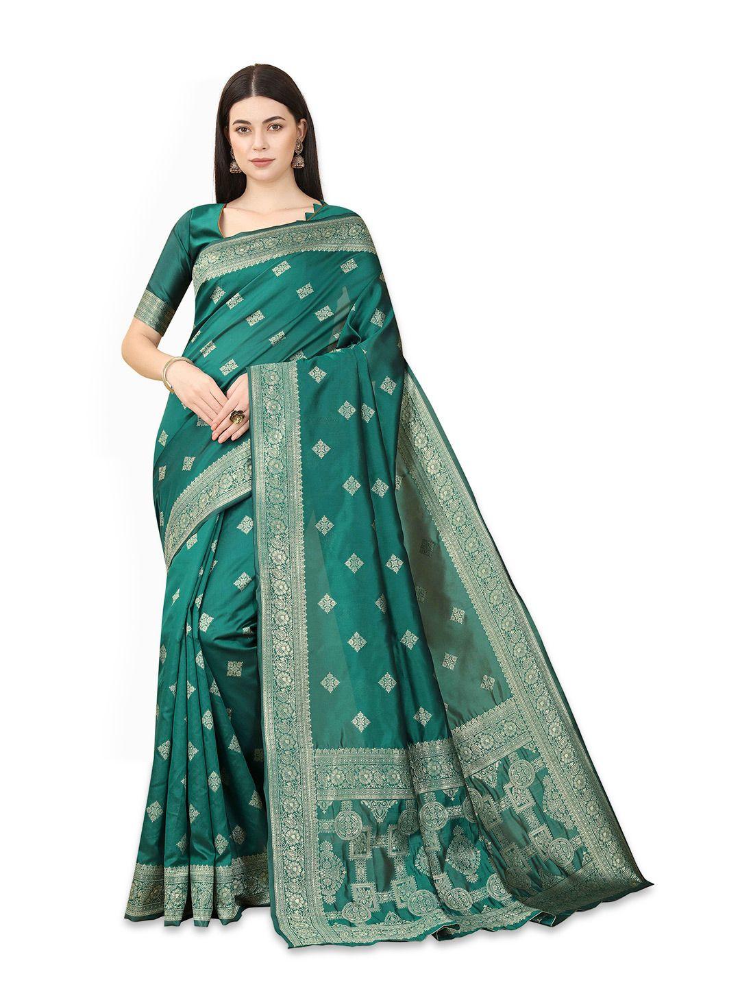 tavas sea green & gold-toned woven design zari pure georgette banarasi saree