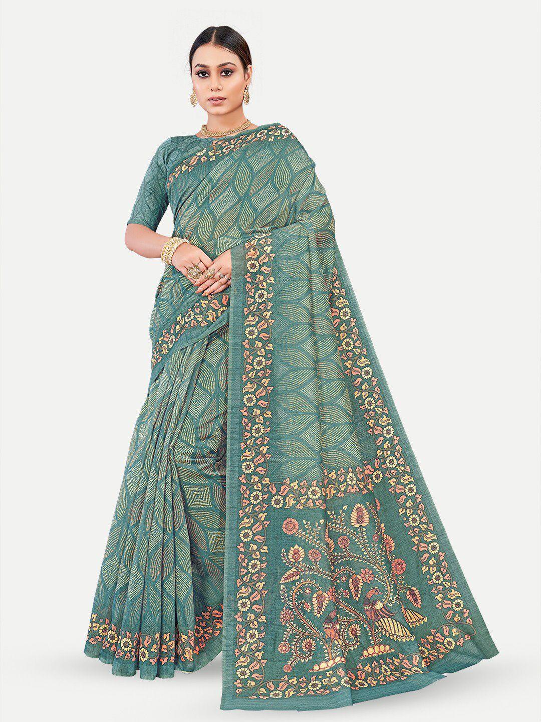 tavas teal & pink floral silk blend chanderi saree