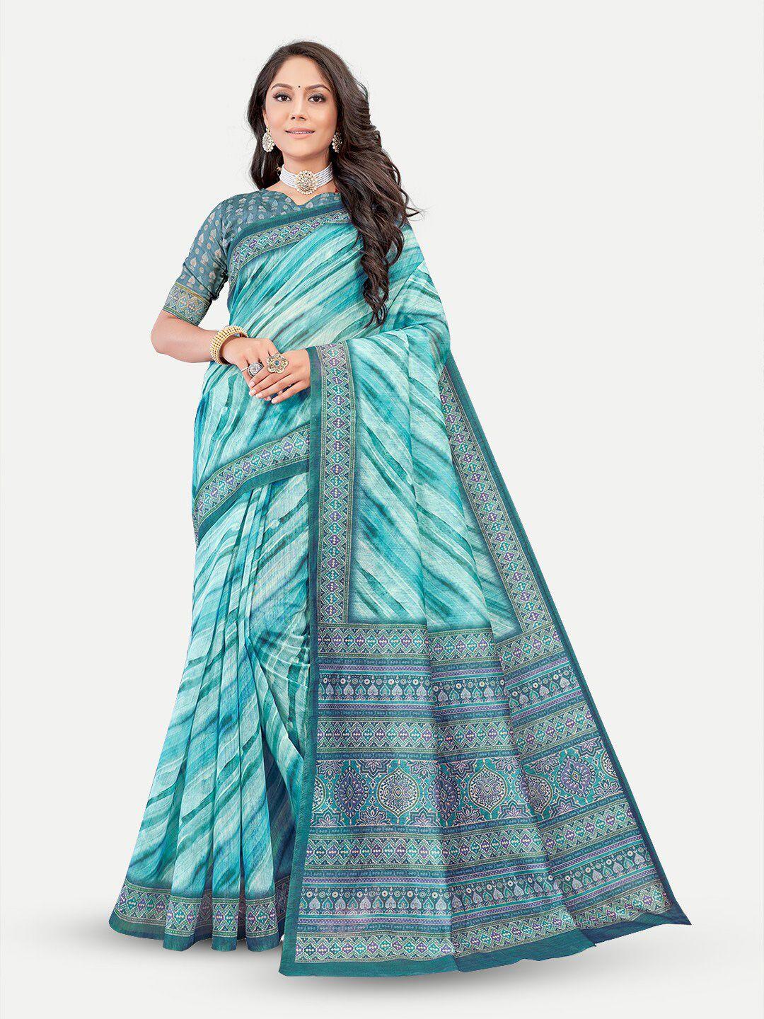 tavas turquoise blue & white leheriya silk blend chanderi saree