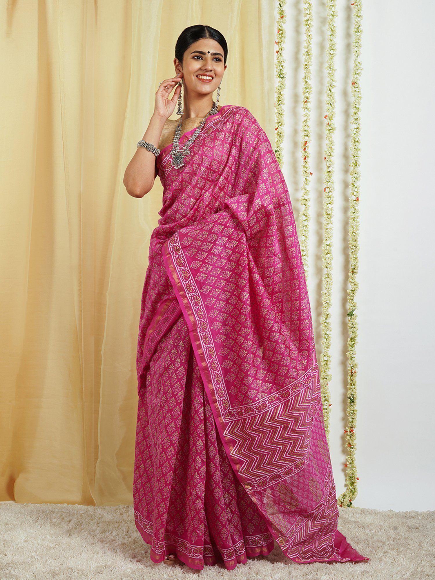 tavisa block print chanderi silk saree with unstitched blouse