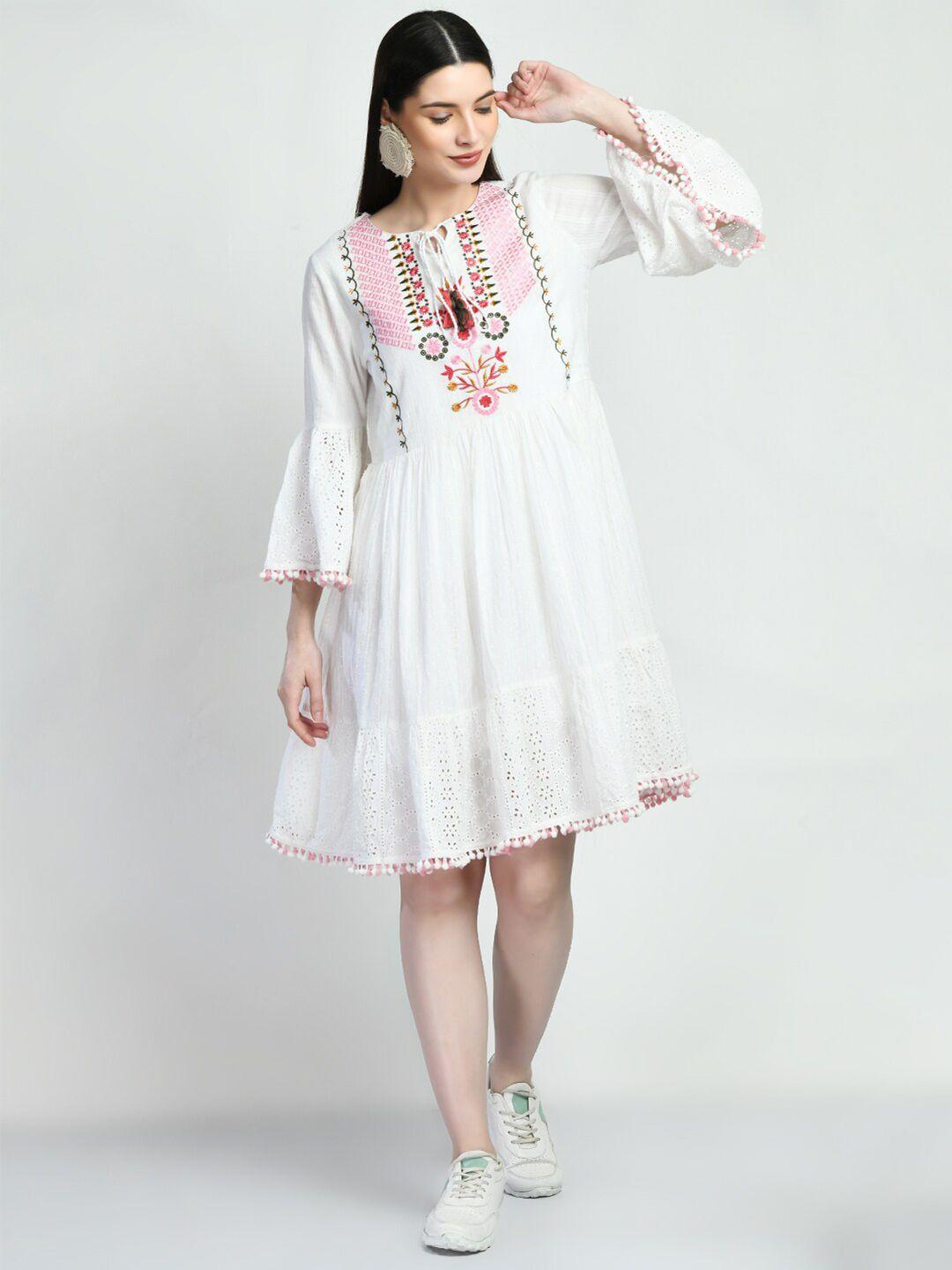 tboj ethnic motifs embroidered tie-up neck bell sleeve a-line dress