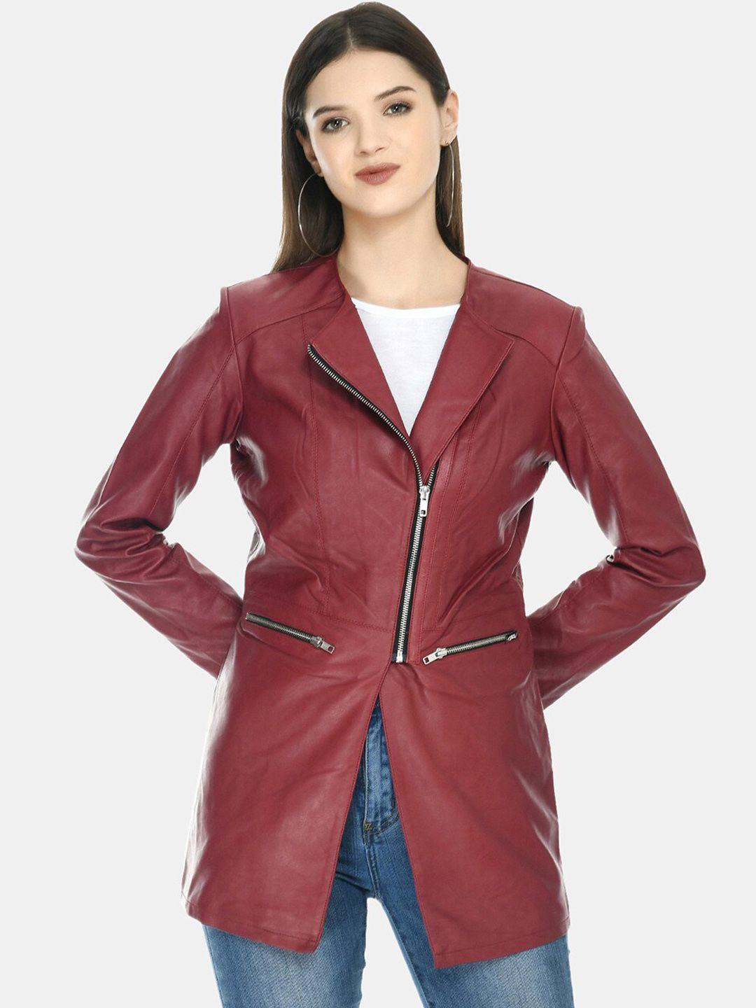 tboj women maroon leather lightweight longline open front jacket