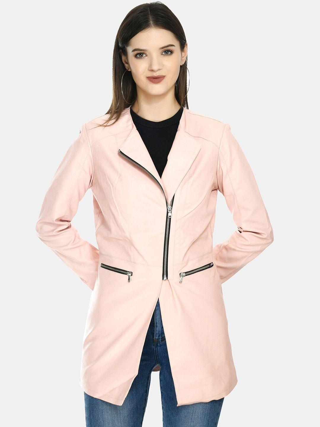 tboj women pink geometric leather lightweight longline open front jacket