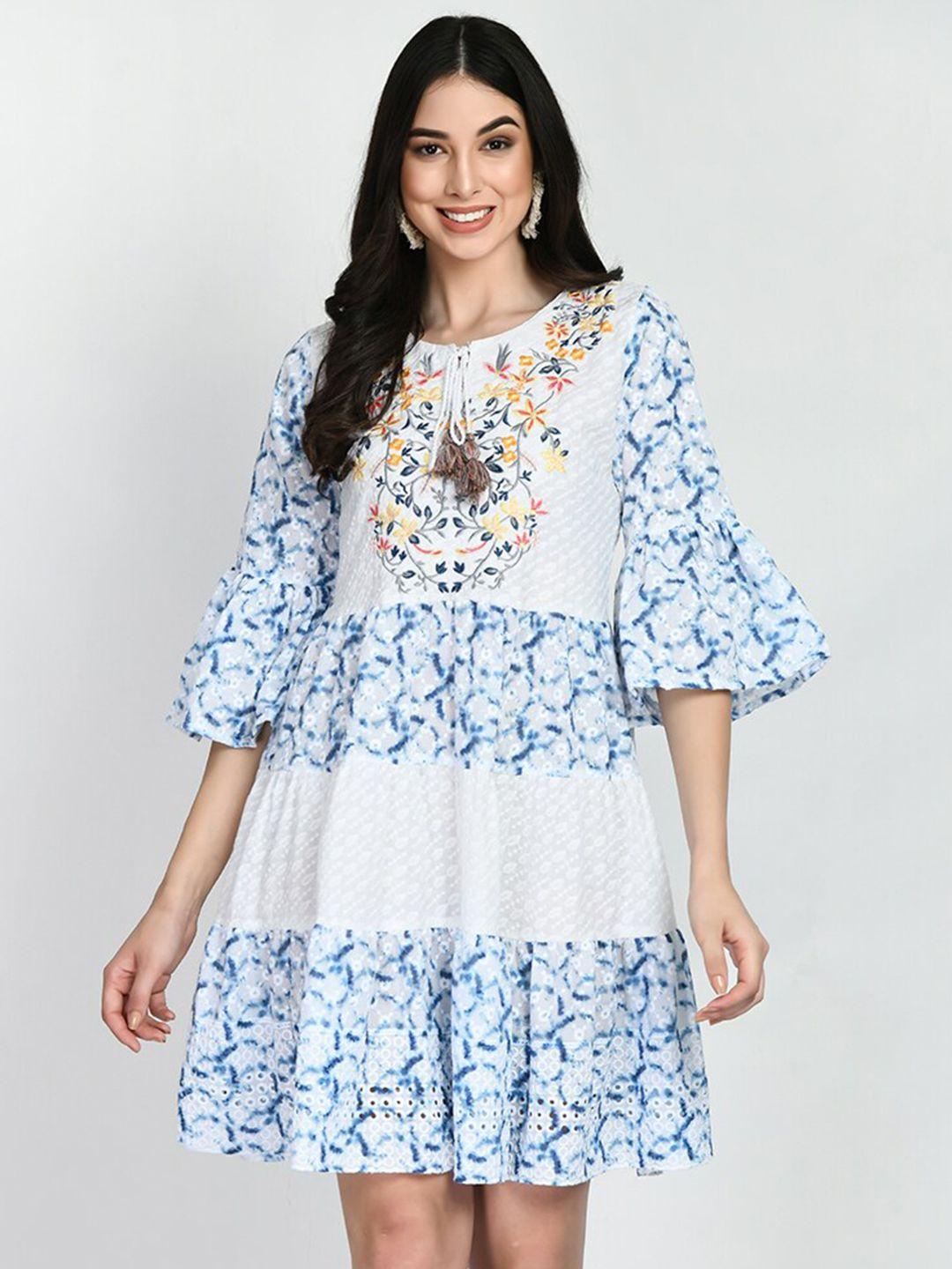 tboj blue & white floral print tie-up neck bell sleeve a-line dress