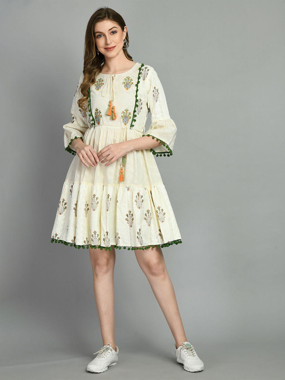 tboj embroidered tie-up neck a line dress