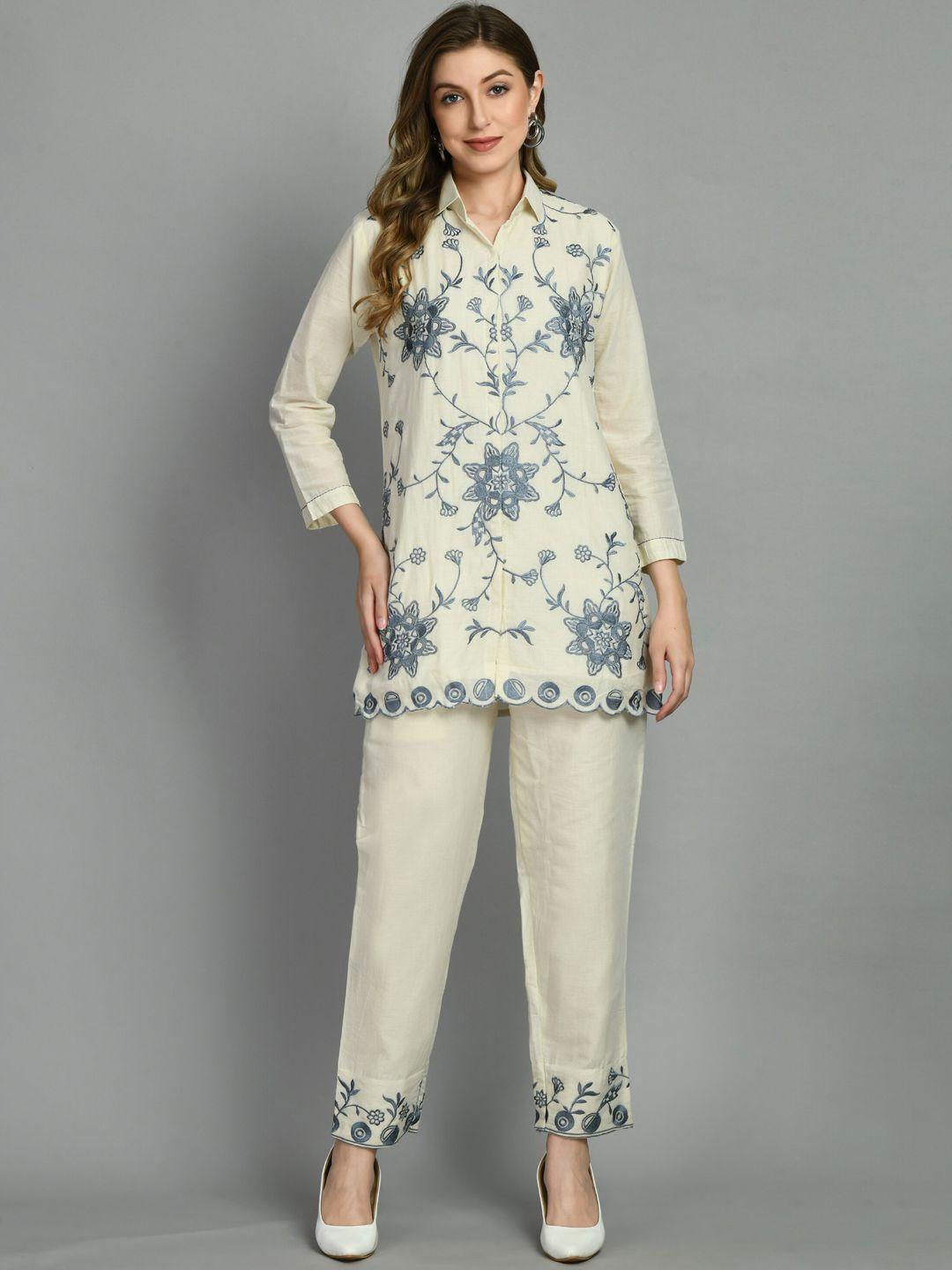tboj ethnic motif embroidered shirt collar kurti with trousers