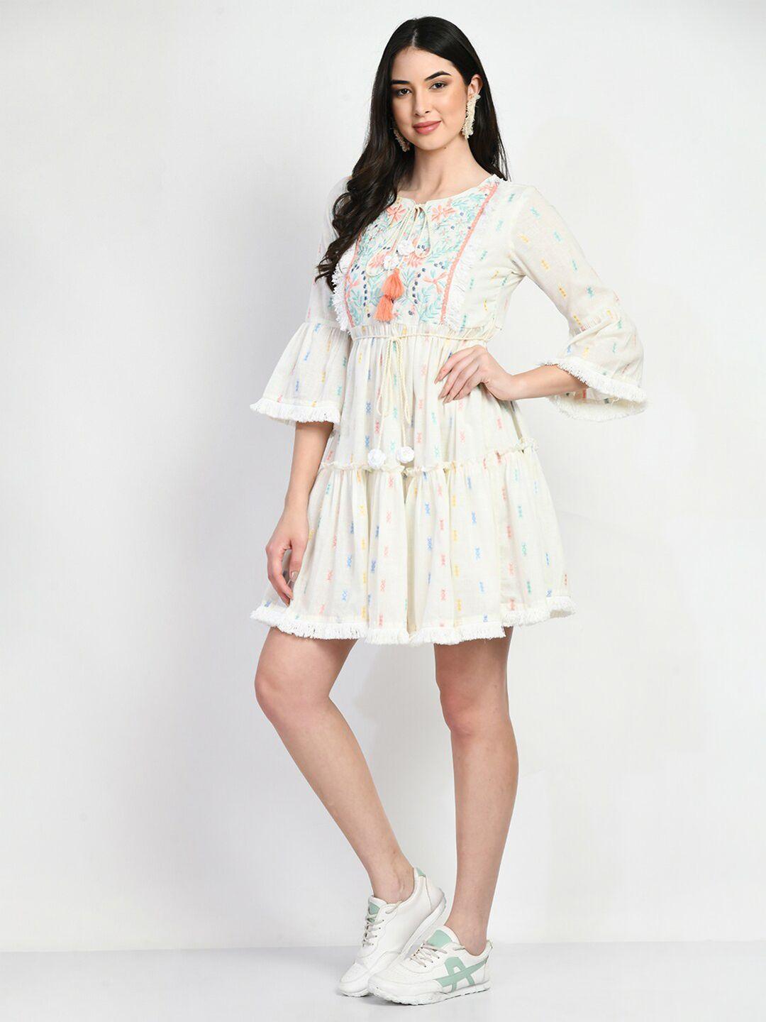 tboj ethnic motifs embroidered tie-up neck bell sleeve cotton fit & flare dress