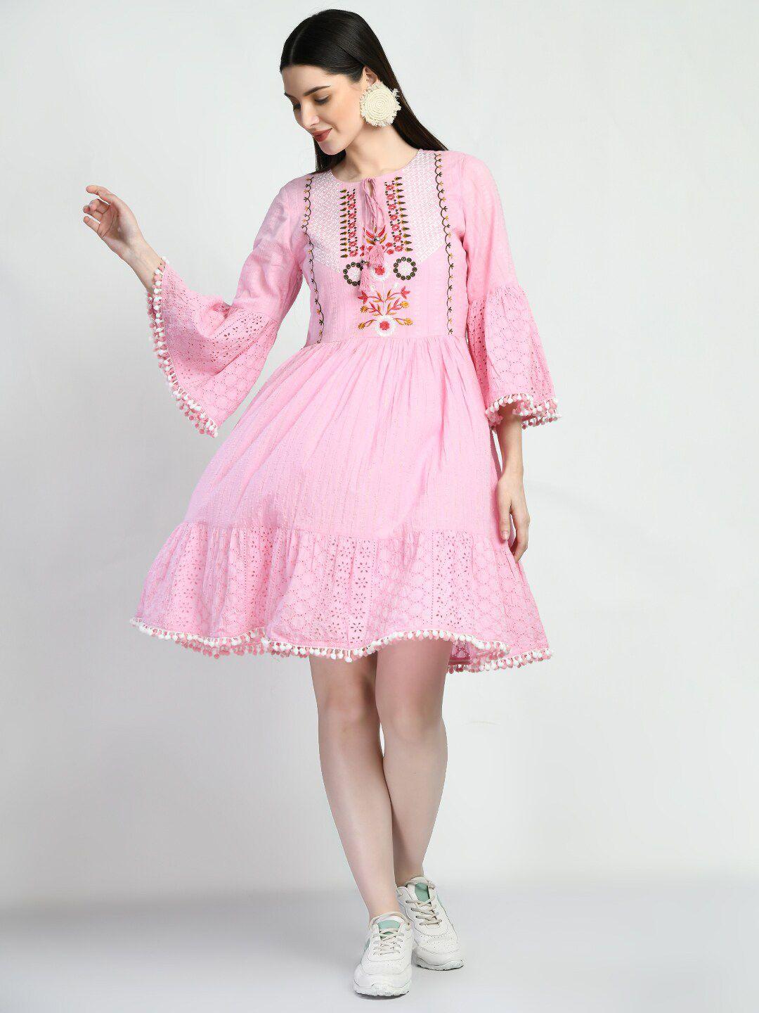 tboj floral embroidered bell sleeve fit & flare dress