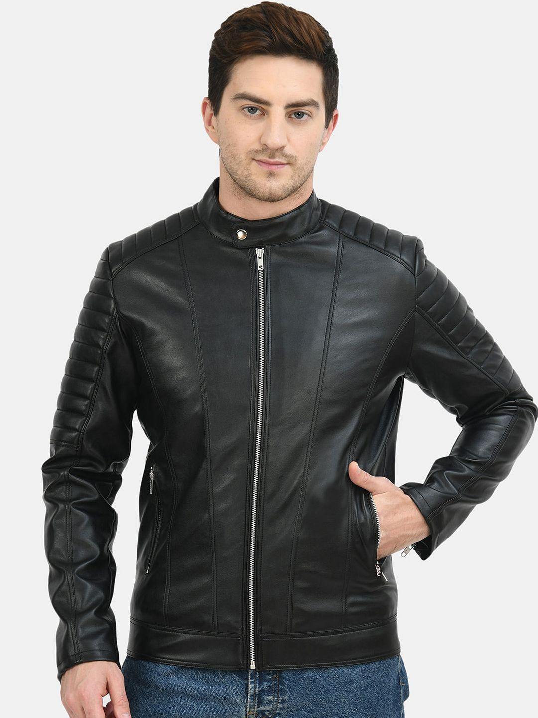 tboj men black checked biker jacket