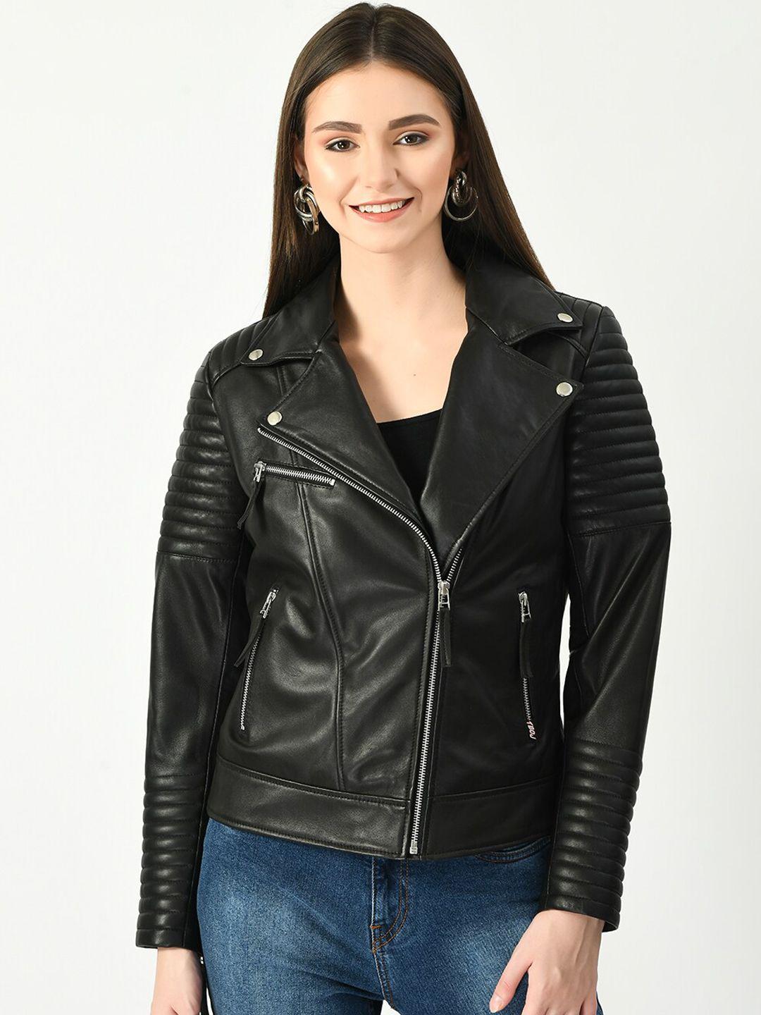 tboj women black leather lightweight anti-odour biker jacket