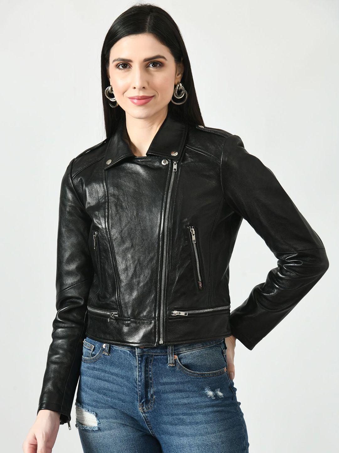 tboj women black leather lightweight crop outdoor biker jacket