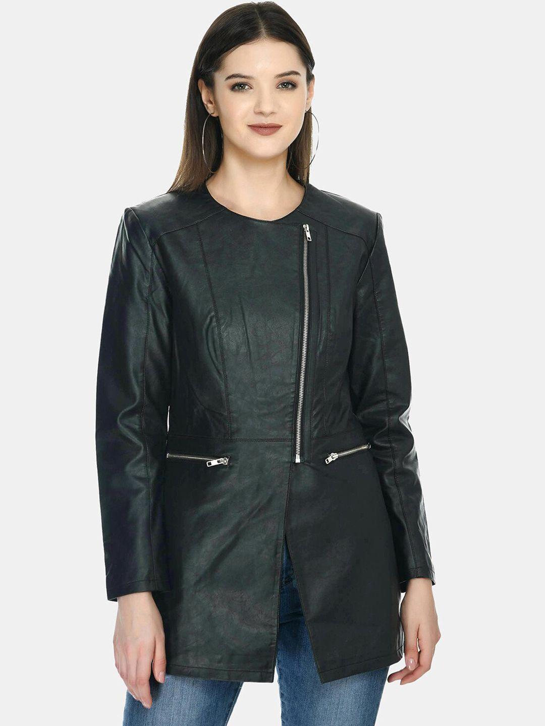 tboj women black leather lightweight longline tailored jacket