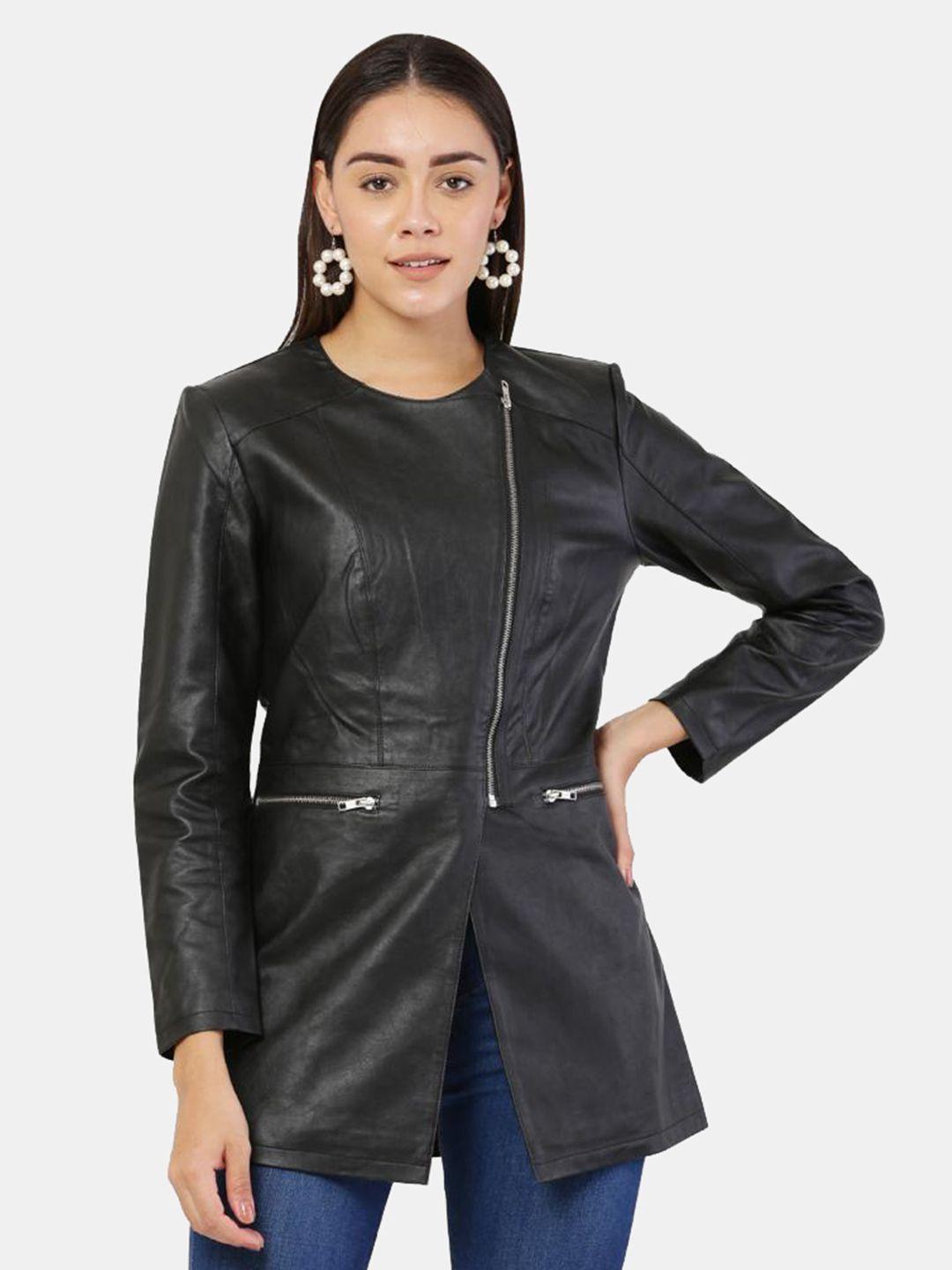 tboj women black solid lightweight longline outdoor leather jacket