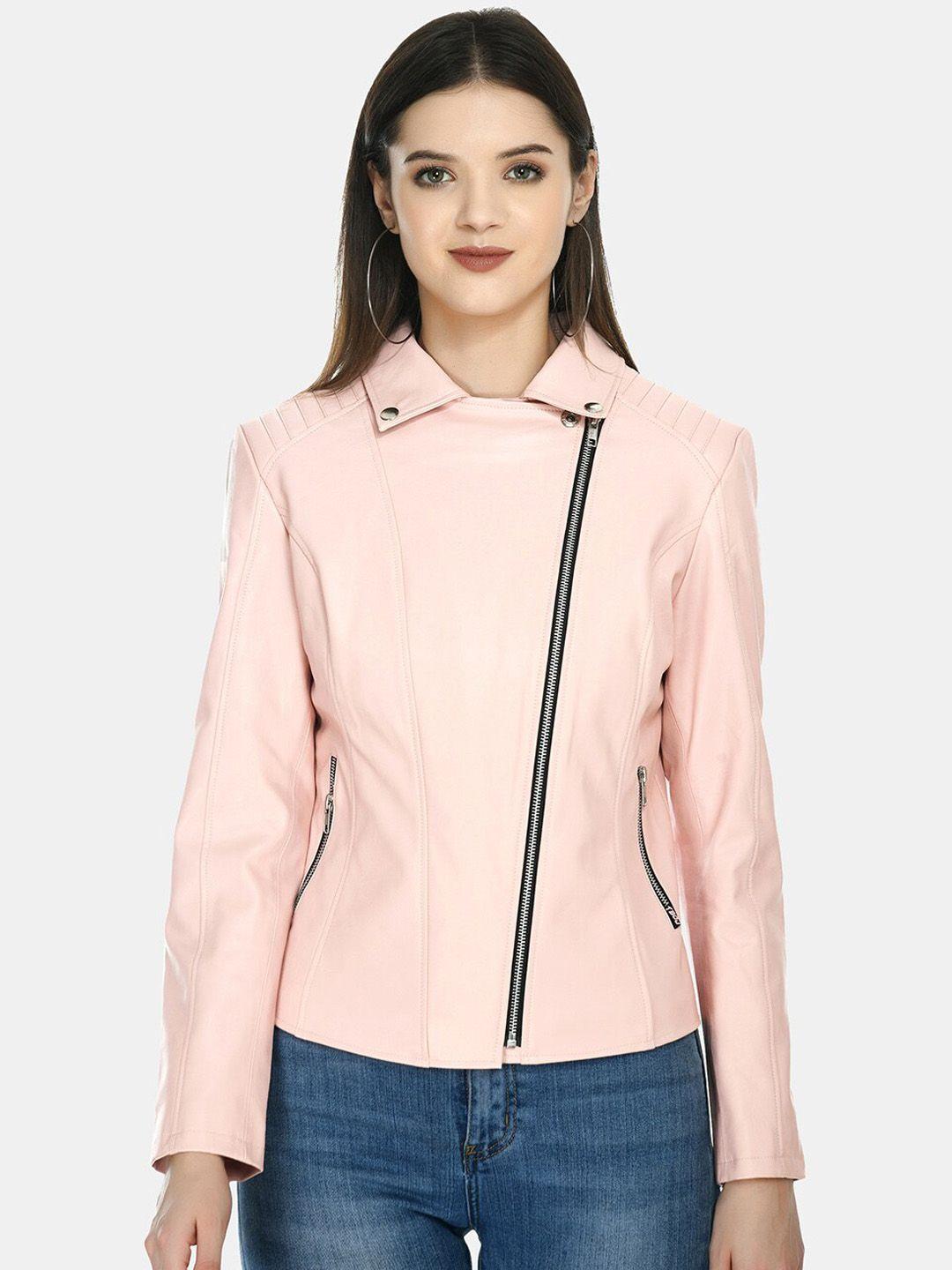 tboj women pink leather lightweight open front jacket