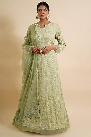 tea green embroidered anarkali with dupatta