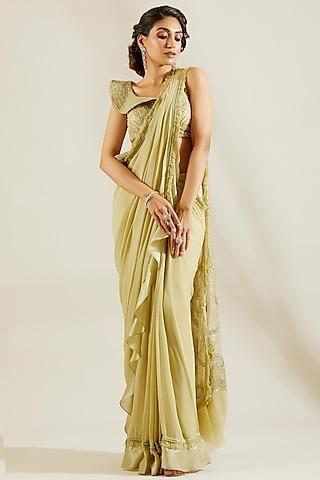 tea green hand embroidered pre-draped saree set