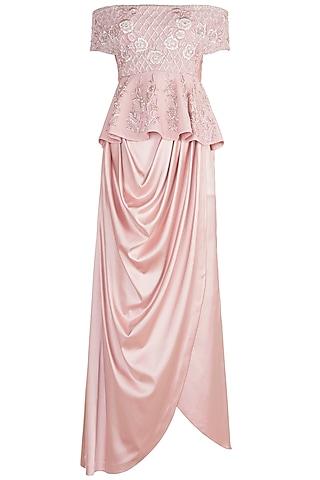 tea pink embroidered peplum top with cowl skirt