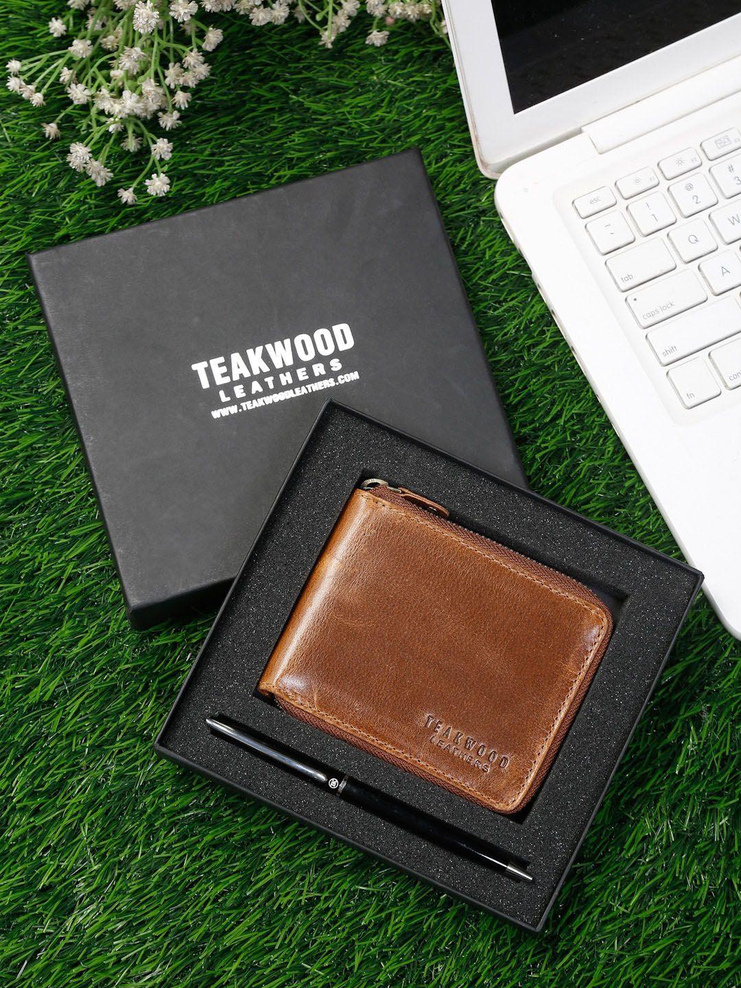 teakwood leathers men brown & black genuine leather accessory gift set