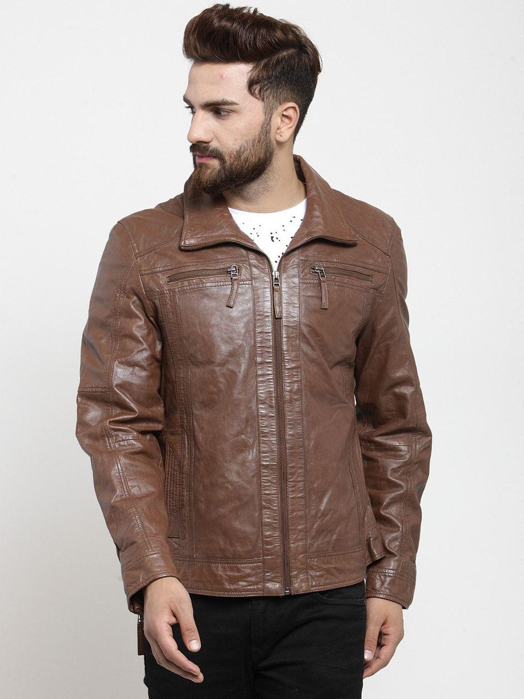 teakwood leathers men brown solid water resistant leather jacket