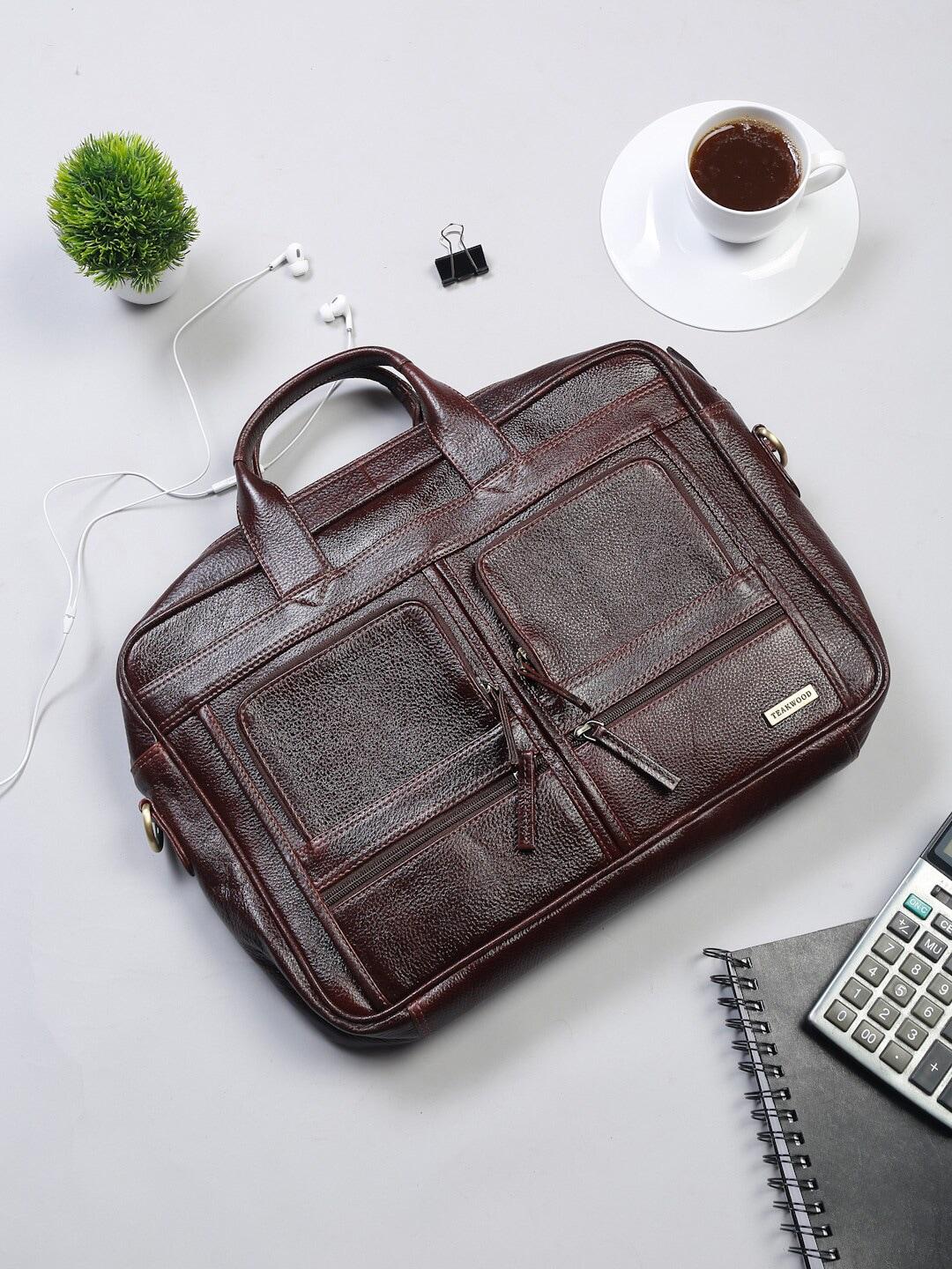 teakwood leathers unisex brown textured genuine leather laptop bag