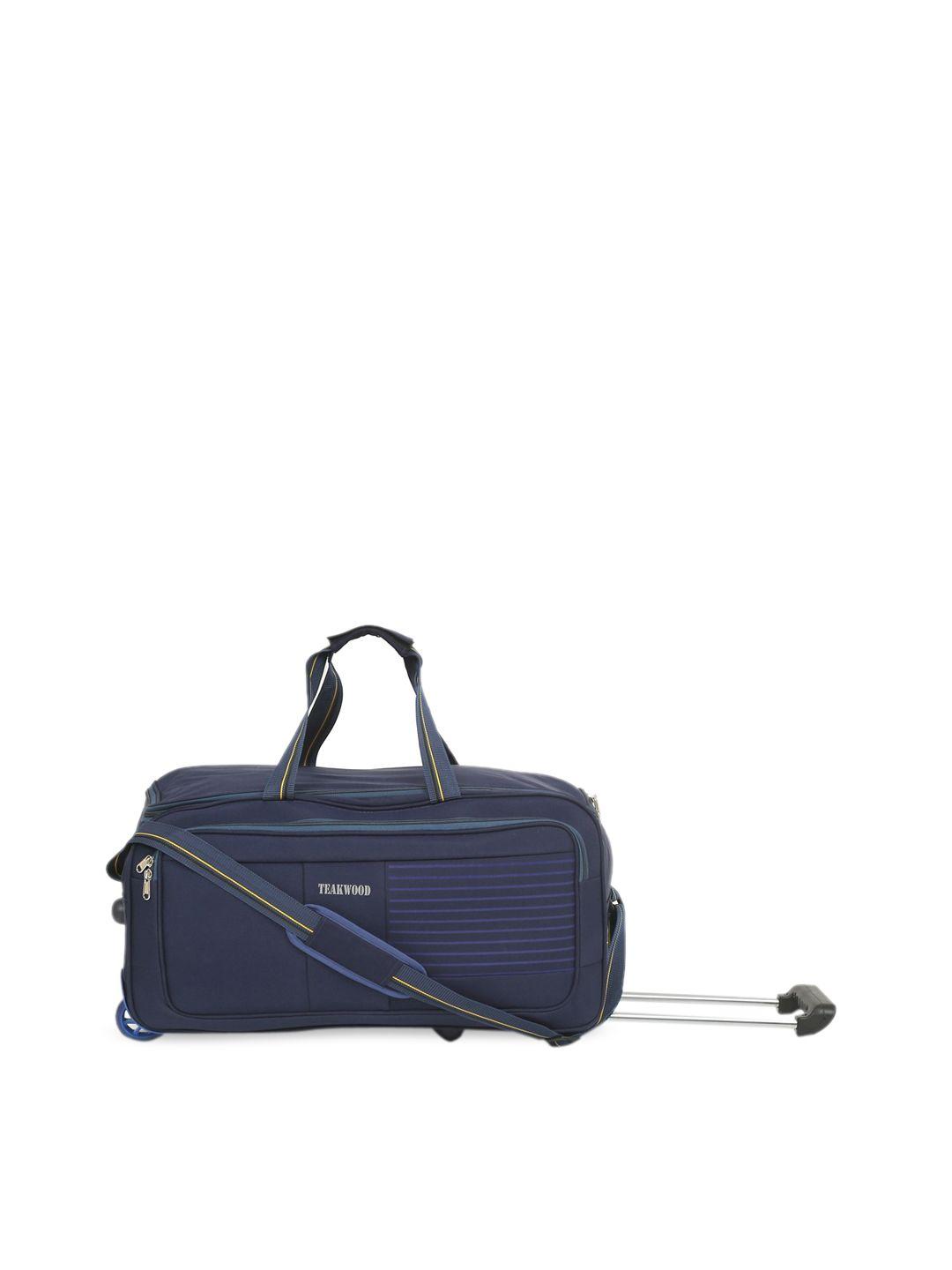 teakwood leathers blue solid duffel trolley bag