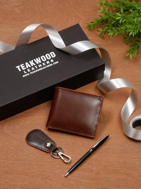 teakwood leathers brown leather bi-fold wallet, keychain & pen gift set for men
