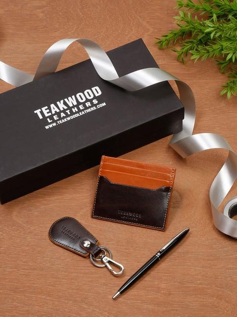 teakwood leathers brown leather card holder, keychain & pen gift set for men