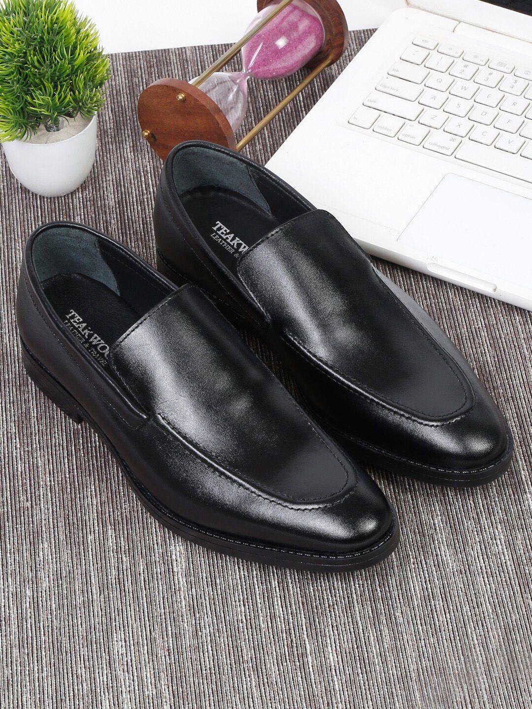 teakwood leathers men black solid leather formal slip-on shoes