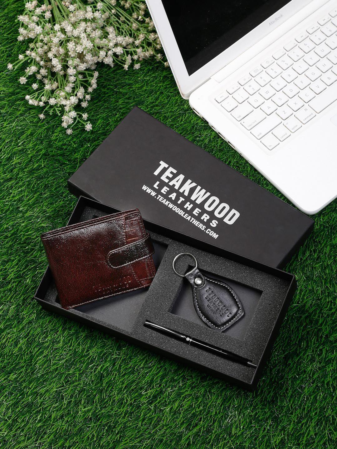 teakwood leathers men brown & black leather accessory gift set