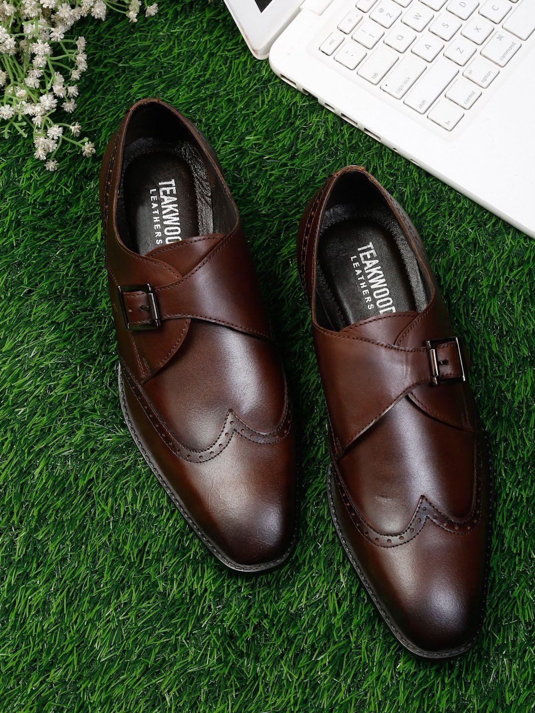 teakwood leathers men brown solid leather monk shoes
