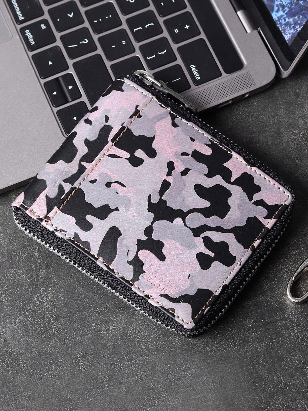 teakwood leathers men grey & pink camouflage printed leather zip around wallet